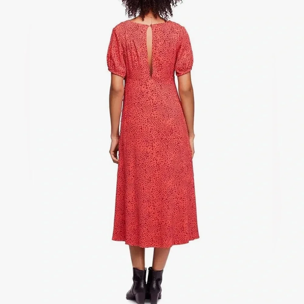 Free People Looking for Love Midi Dress Orange Red Buttons V Neck Size Small